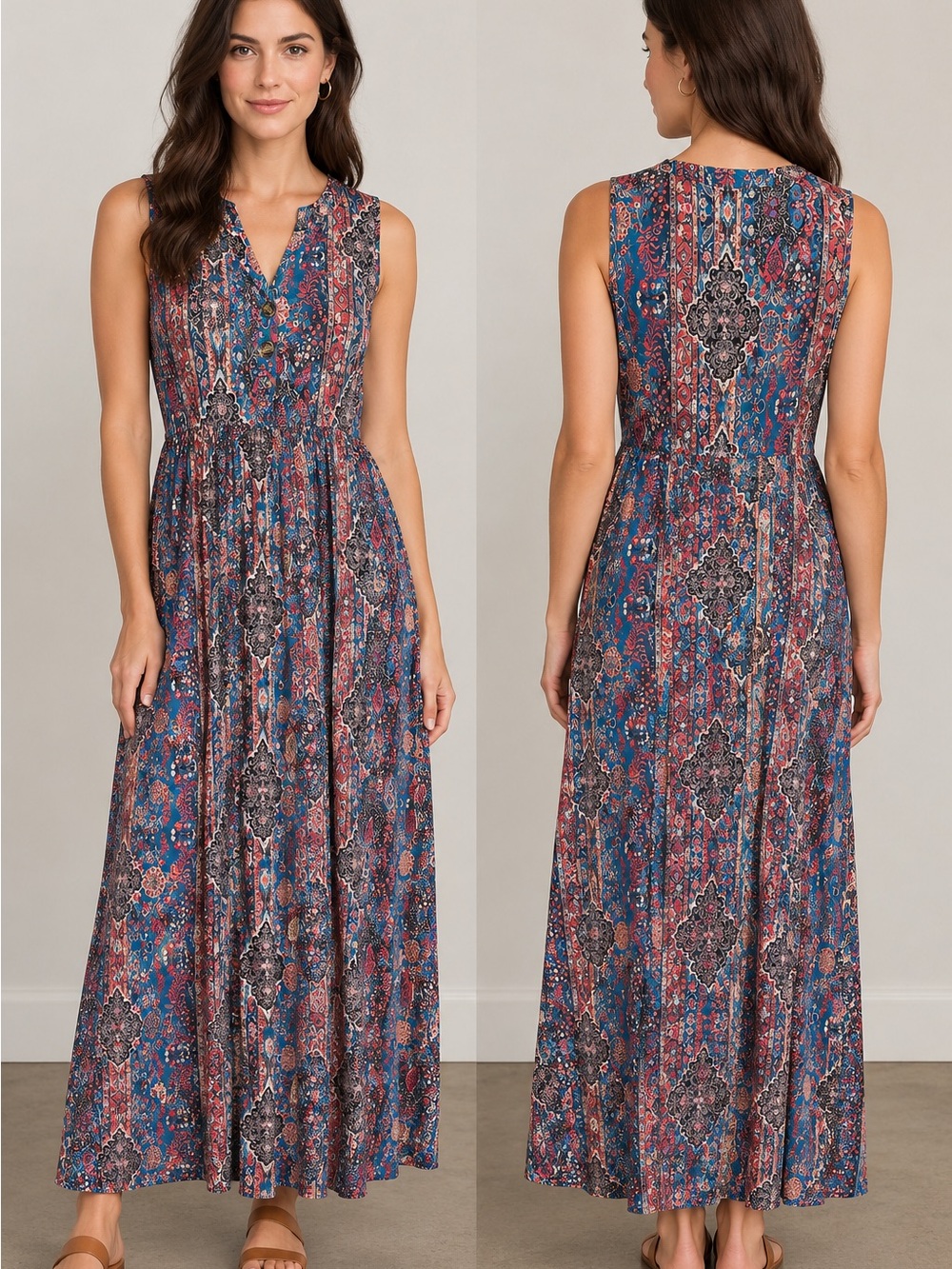 Sleeveless Paisley Maxi Dress in Blue and Rust